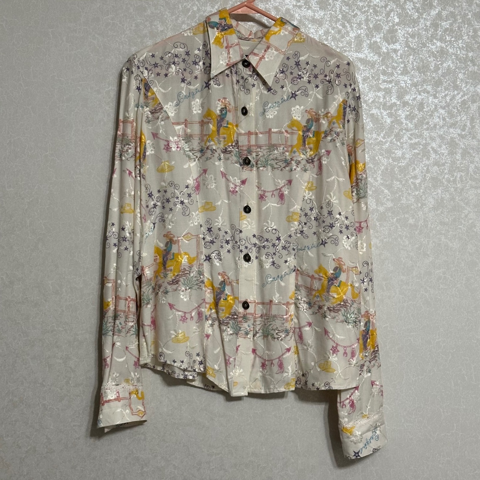 Aurora Clothing Cowgirl Rodeo Print Embroidered Rayon Western Shirt White Vtg L